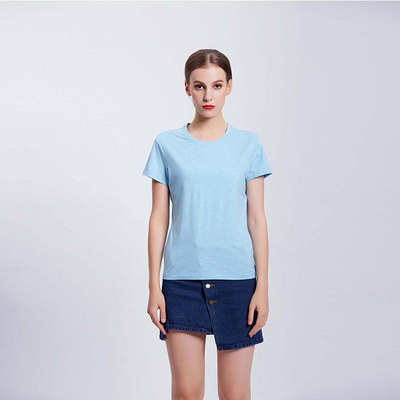 彩棉浅蓝色女士工作服企业T恤定制