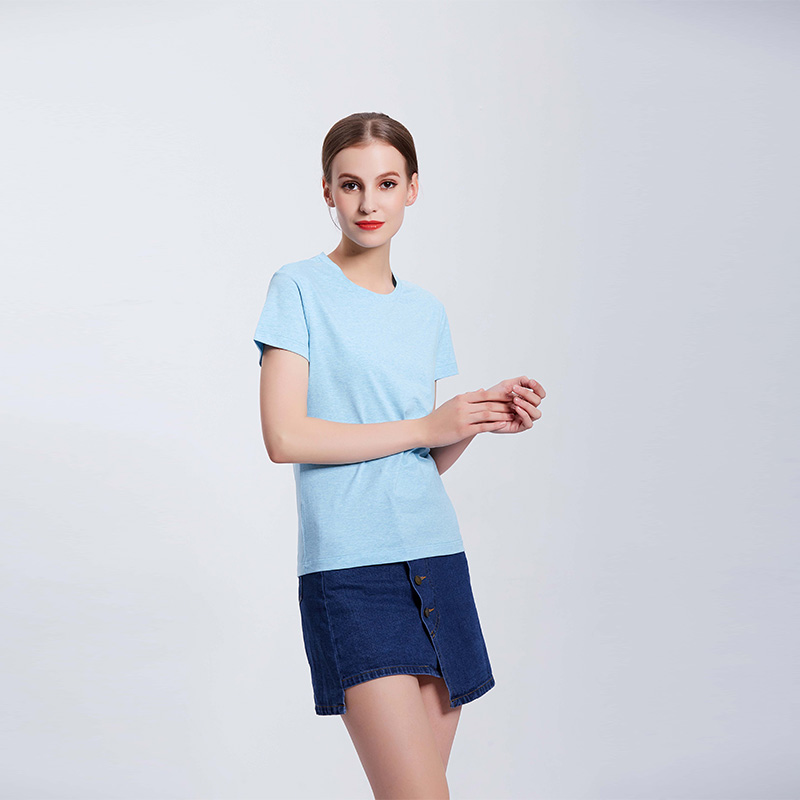 彩棉浅蓝色女士工作服企业T恤定制